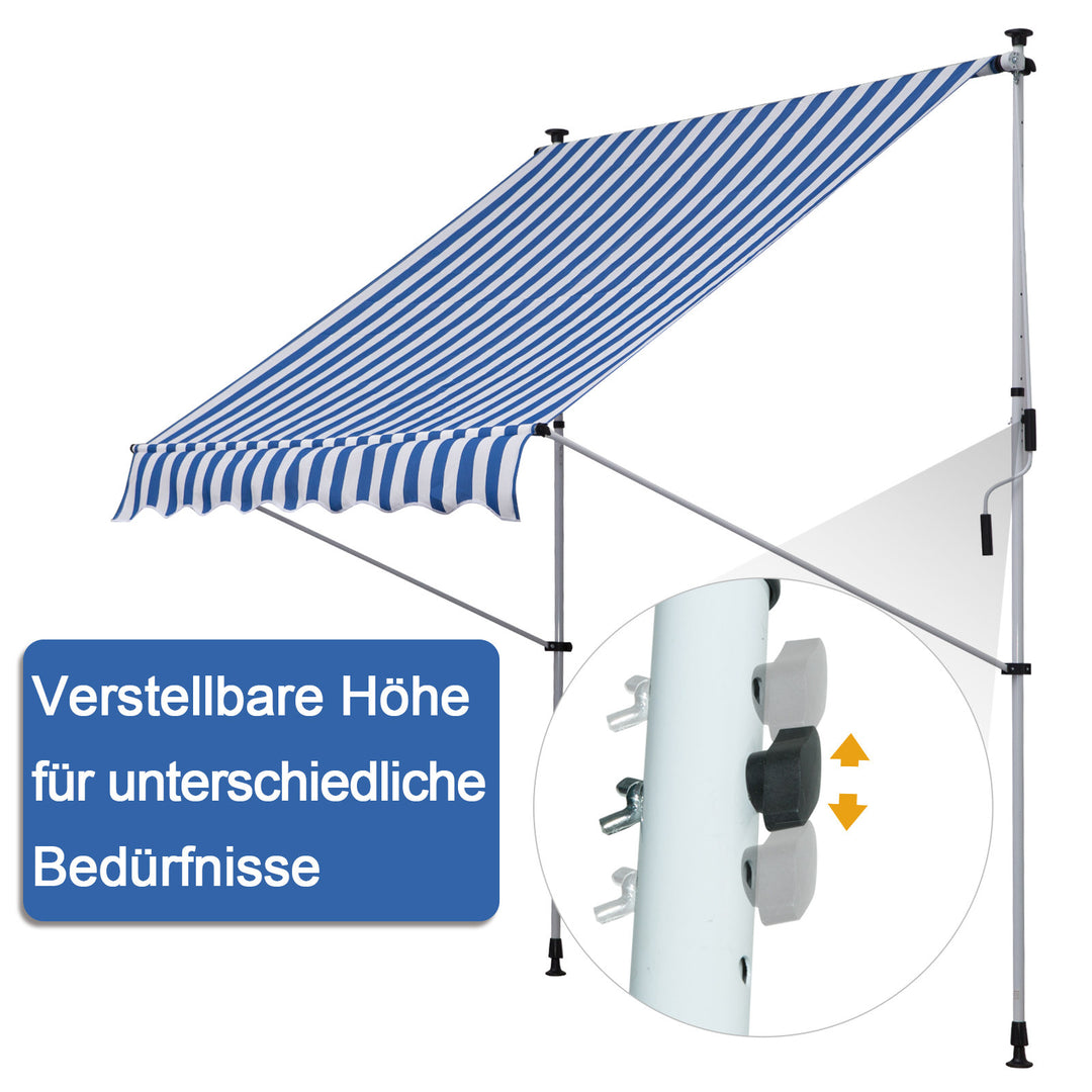 Klemmemarkise med håndsving, højdejusterbar, leddelt armsmarkise, smudsafvisende, vejrbestandig, balkonmarkise 150 cm bred, terrassemarkise til terrasse, balkon, veranda, blå+hvid
