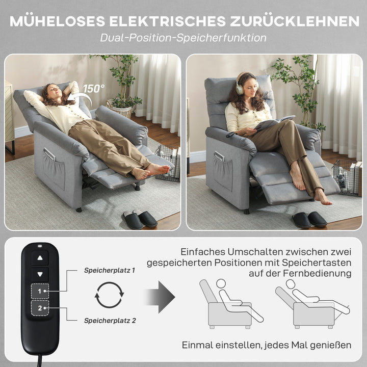 Lænestol med justerbar lænefunktion, TV-lænestol med lænefunktion, lændevarme, 2 fjernbetjeninger, USB-port, støjsvag motor, grå