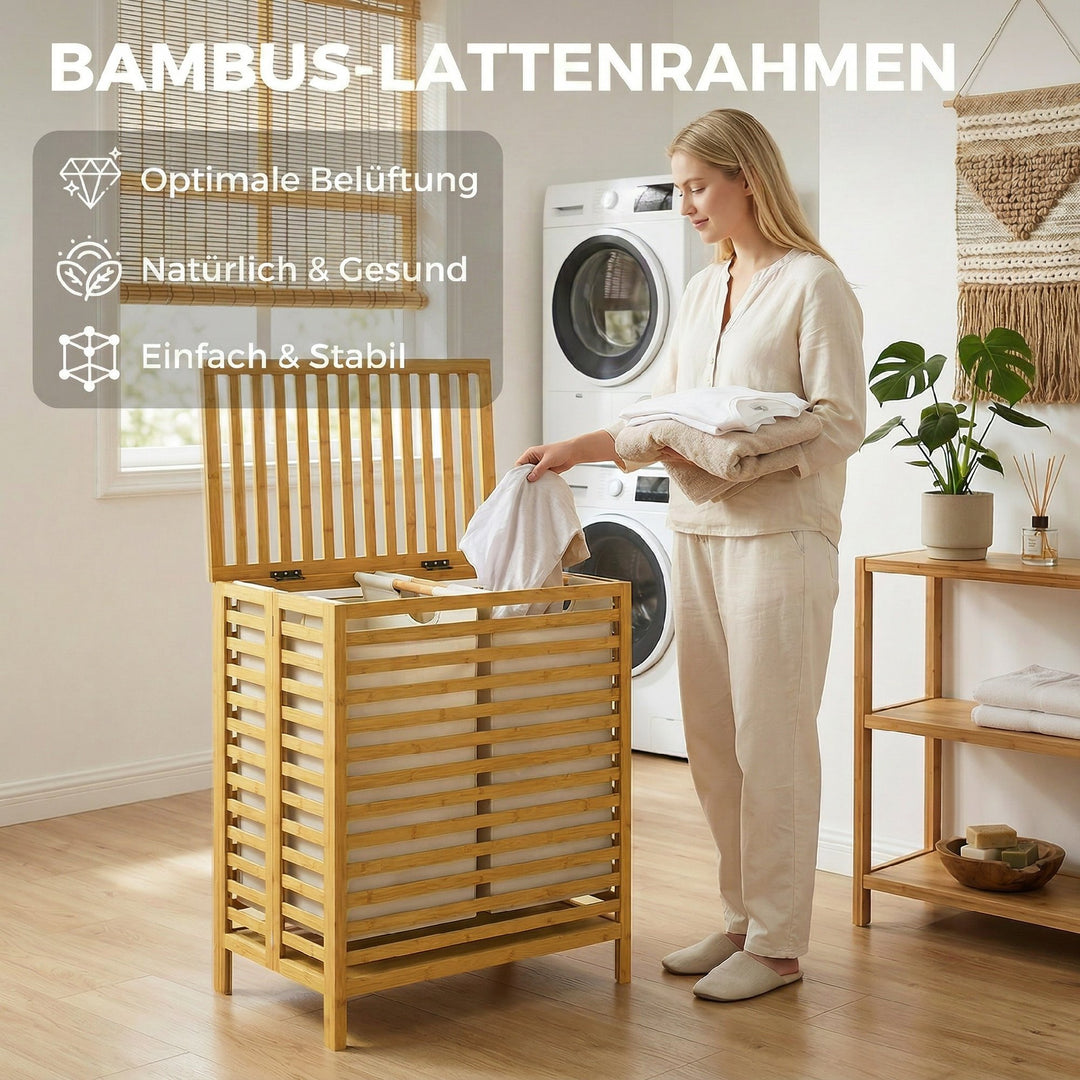 Bambus vasketøjskurv med låg, 2 kurve, foldbar, 64L, naturhvid og cremehvid