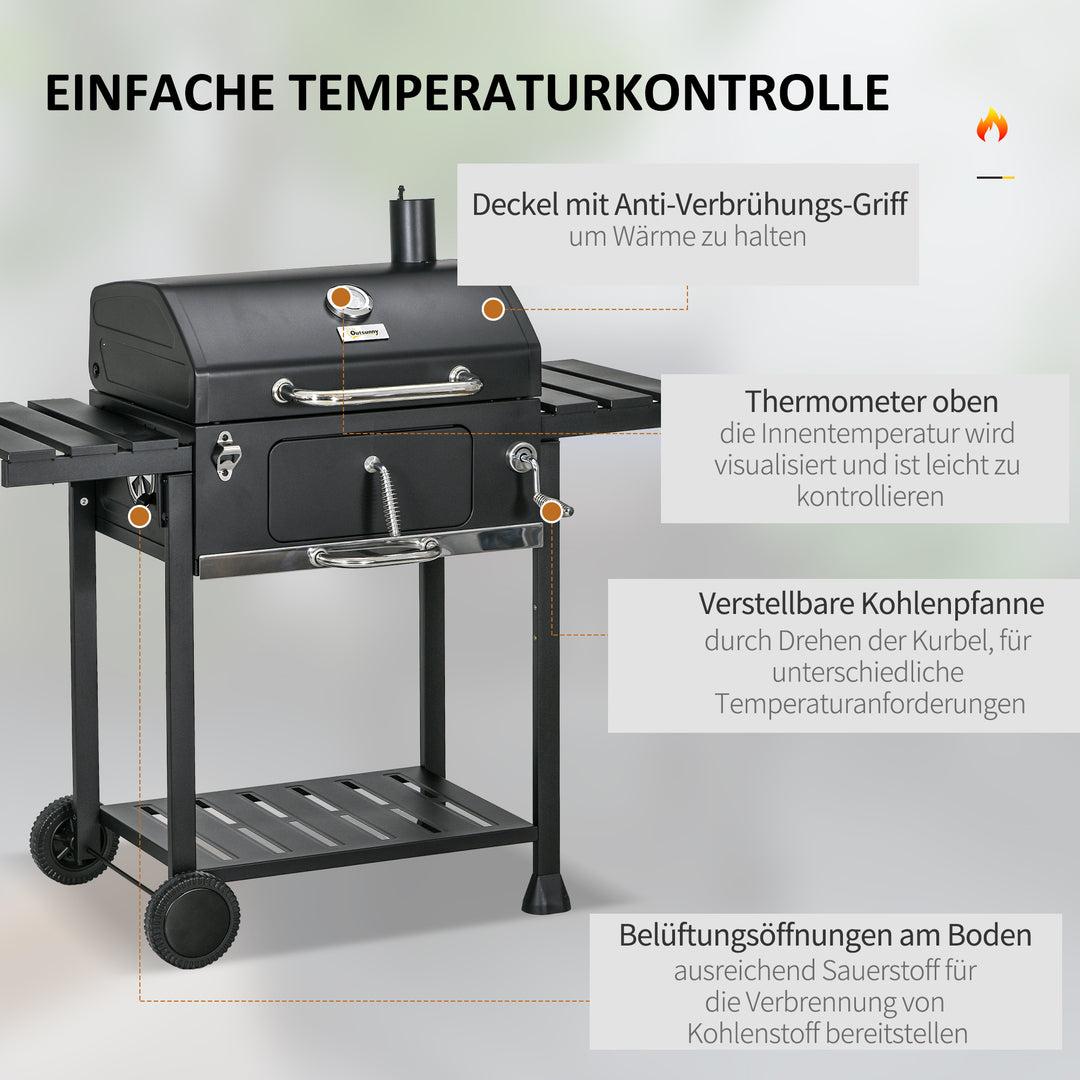 Trækulsgrill med rygeovn, inklusive termometer og flaskeåbner, 120 x 64 x 114 cm, sort
