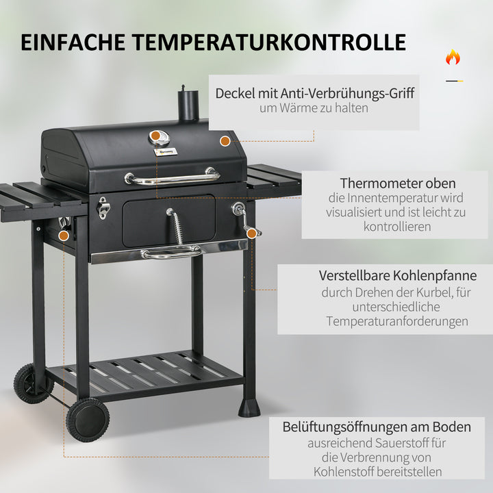 Trækulsgrill med rygeovn, inklusive termometer og flaskeåbner, 120 x 64 x 114 cm, sort