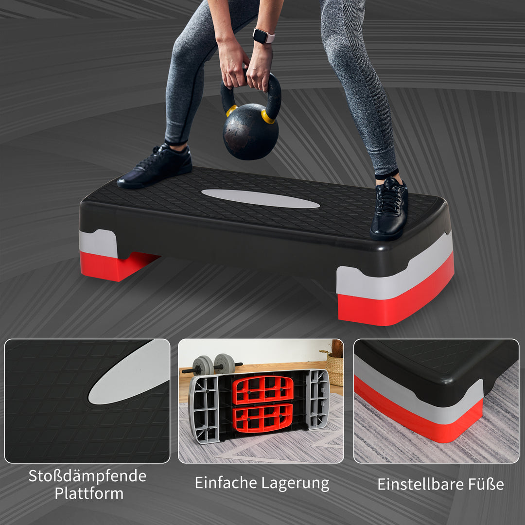 Aerob stepper, 2-trins højdejusterbar, 68 x 28 x 15 cm, sort+grå+rød