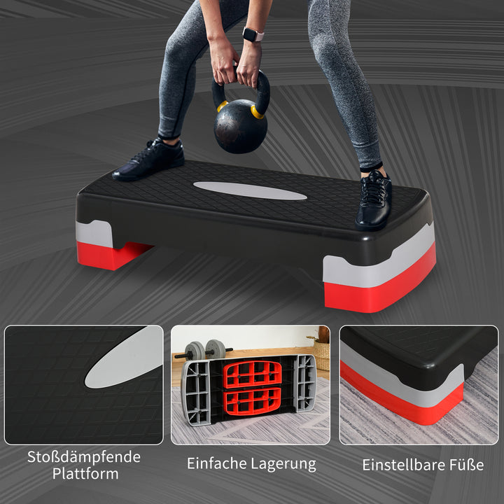 Aerob stepper, 2-trins højdejusterbar, 68 x 28 x 15 cm, sort+grå+rød
