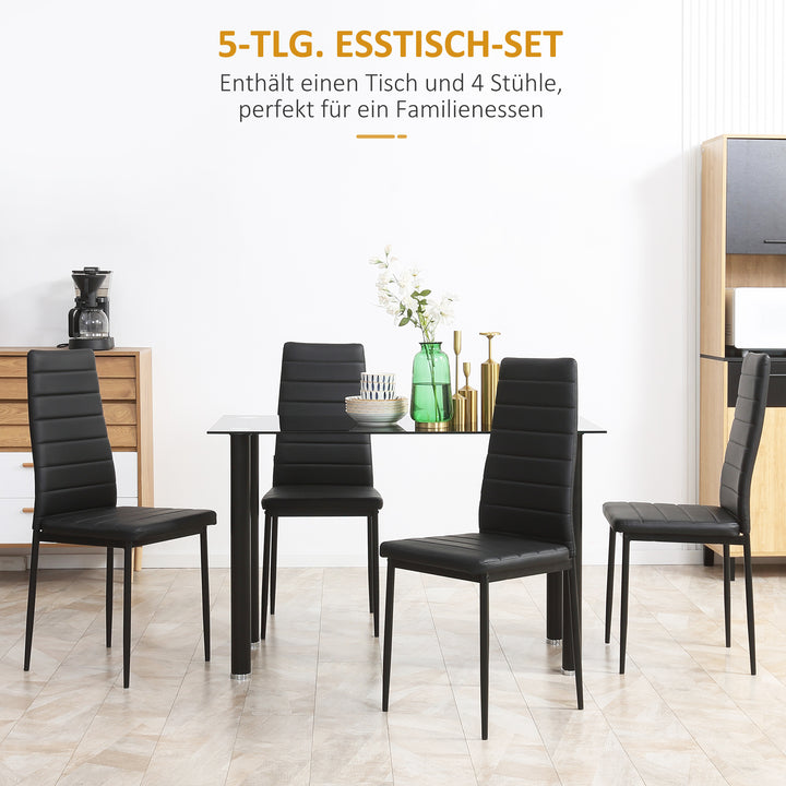 5-Delt spisebordssæt med 4 stole, moderne design, glasbord, sort