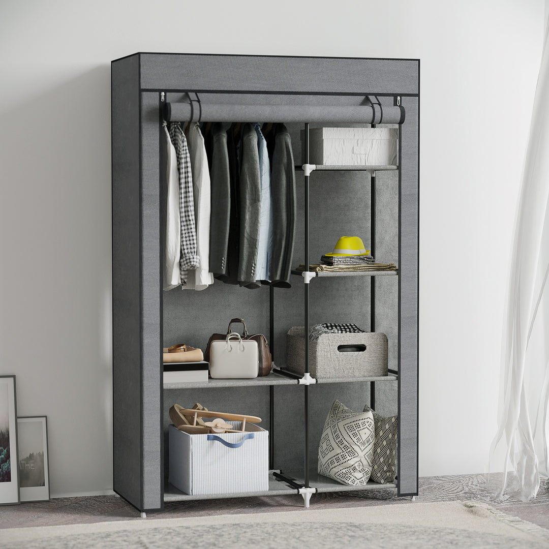 Stofgarderobe, opbevaringsløsning, 6 hylder, 1 bøjlestang, mørkegrå