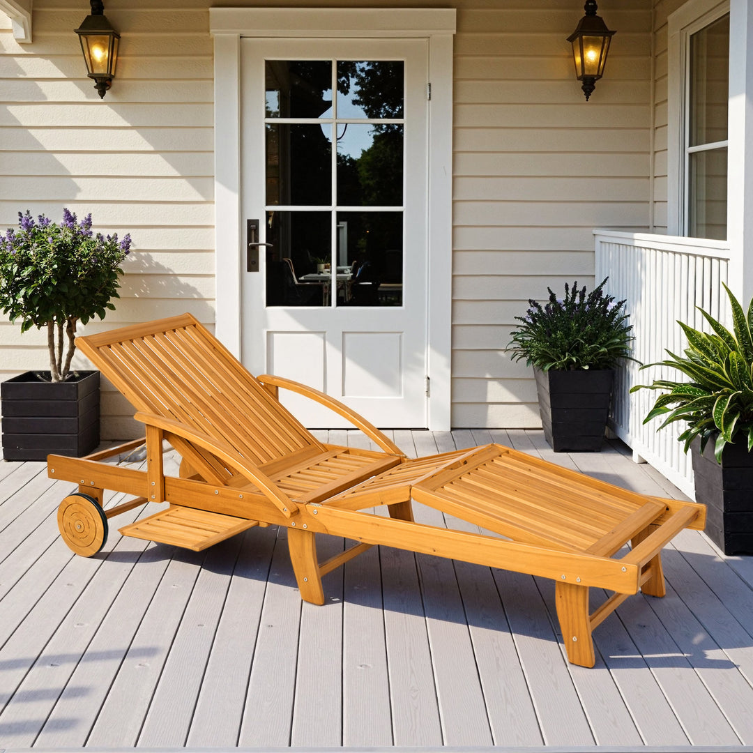 Solseng i træ, foldbar haveliggestol med sidebord, rulle, 4-vejs justerbar ryglæn i teak