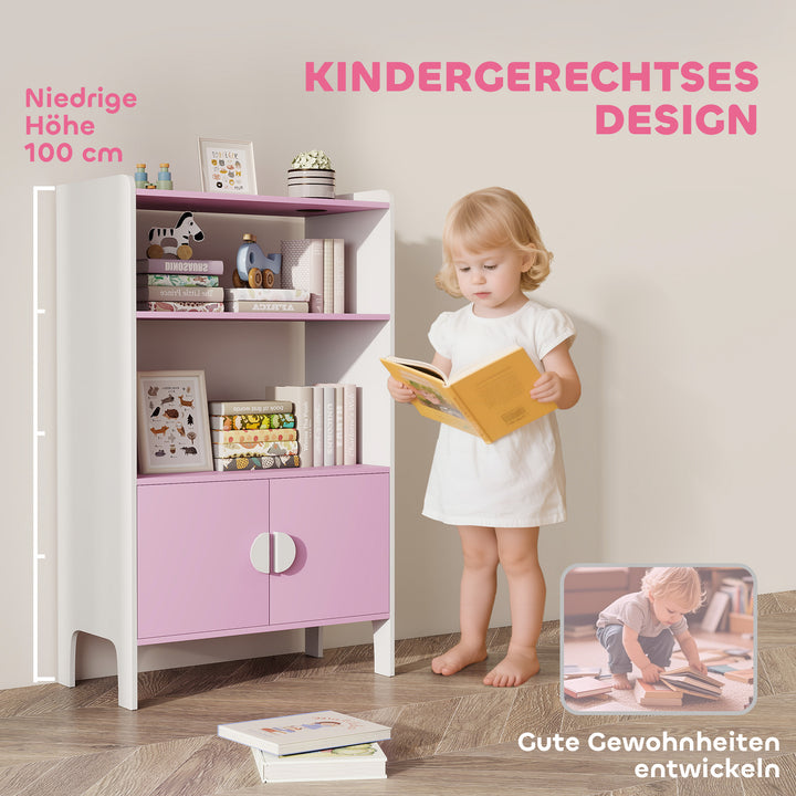 Børnebogreol, 2 hylder, 2 skabe, fritstående, anti-tip design, skridsikre ben, mdf, pink+hvid