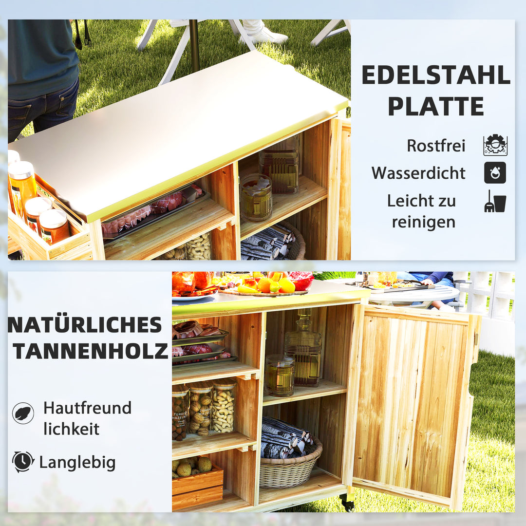 Udendørs køkkenø, grillvogn med skab og hylder, køkkenvogn lavet af træ og rustfrit stål, med hjul, naturtræ