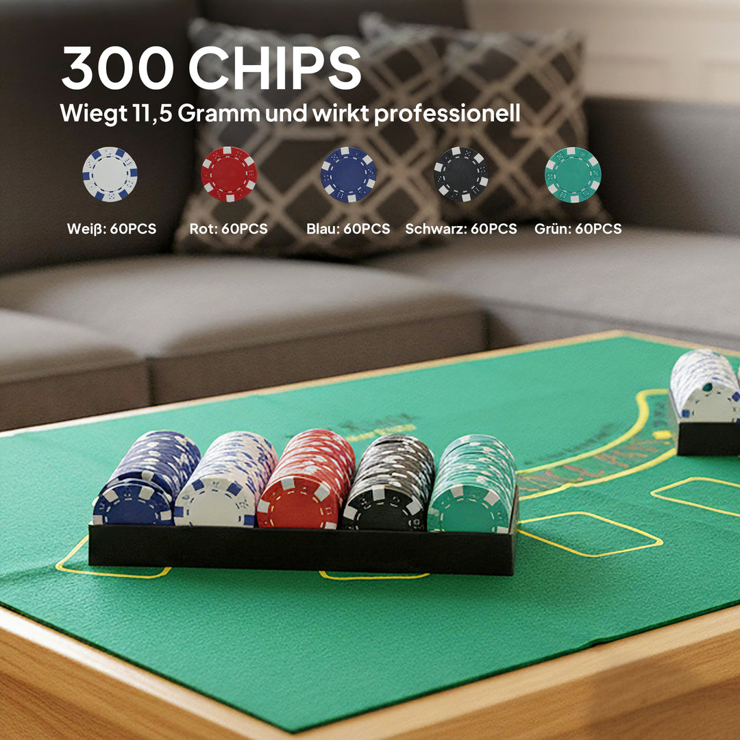 Pokersæt, 300 chips, terninger, 2 sæt kort, tilbehør, etui, til 8 spillere