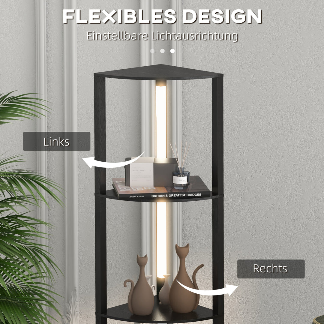 Led gulvlampe, hjørnehylde, dæmpbar, 4 hylder, varmt hvidt lys, 41 x 30 x 164 cm, sort