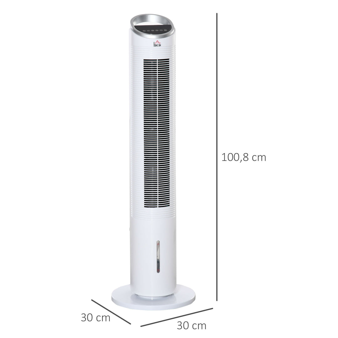 Tårnventilator med vandkøling og fjernbetjening, 60W, 20㎡ (30 cm x 30 cm x 100,8 cm), 3 tilstande, hvid