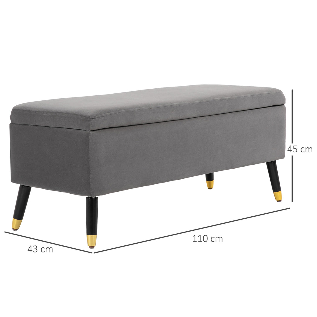 Bænk, polstret bænk med opbevaring, kommodebænk, metal, skum, gummitræ, antracitgrå, 110 x 43 x 45 cm