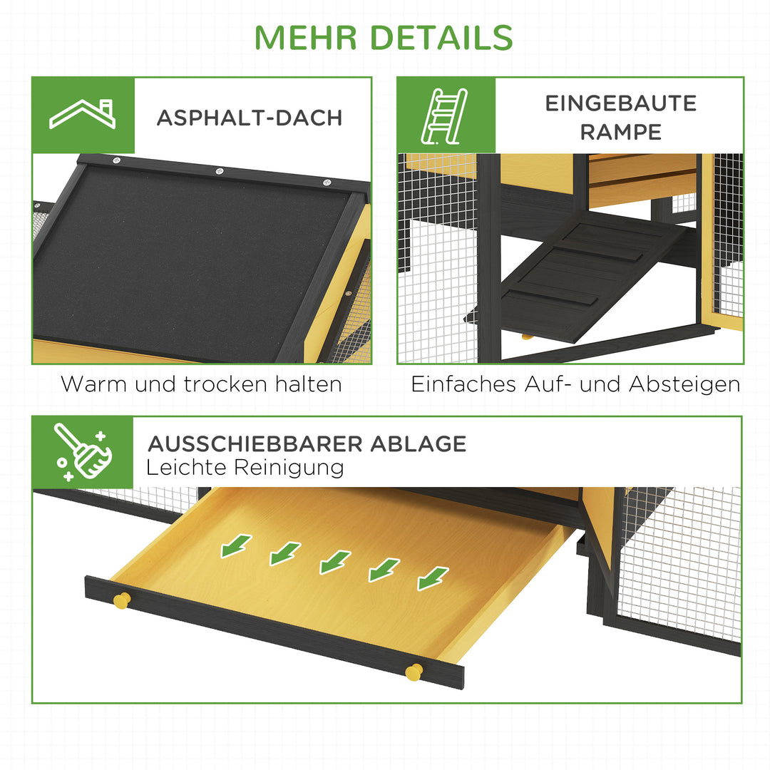 Hønsehus til smådyr 2 udendørs indhegninger, 1 redekasse, 2 ramper, asfalttag, vejrbestandig, gul
