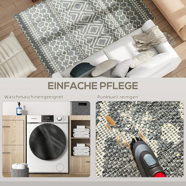 Indendørs/udendørs tæppe, boho design, nem rengøring, grå