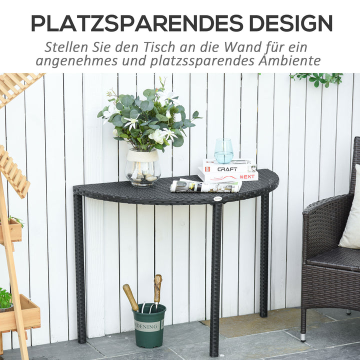 Balkonbord, havesidebord, havemøbler, halvrundt, polyrattan, metal, sort, 100 x 50 x 74 cm