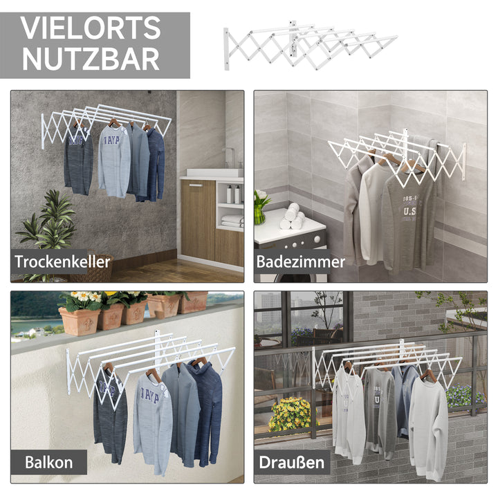 Vægmonteret tørrestativ, udtrækkelig, foldbar, pladsbesparende, hvid, 63,5 x 60 x 20 cm