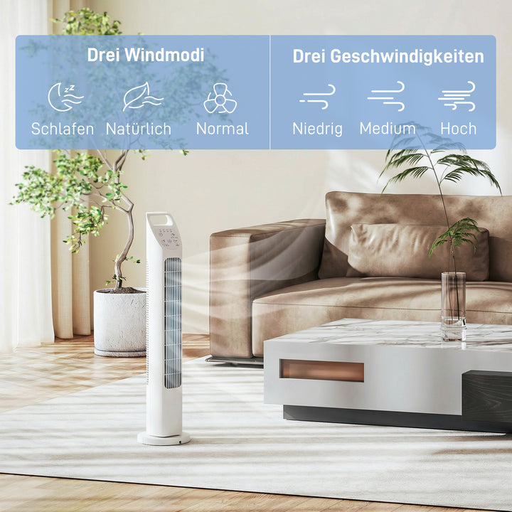 Tårnventilator med fjernbetjening, 7,5 timer, stille ventilator til soveværelset, hvid