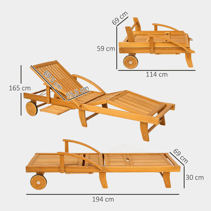 Solseng i træ, foldbar haveliggestol med sidebord, rulle, 4-vejs justerbar ryglæn i teak