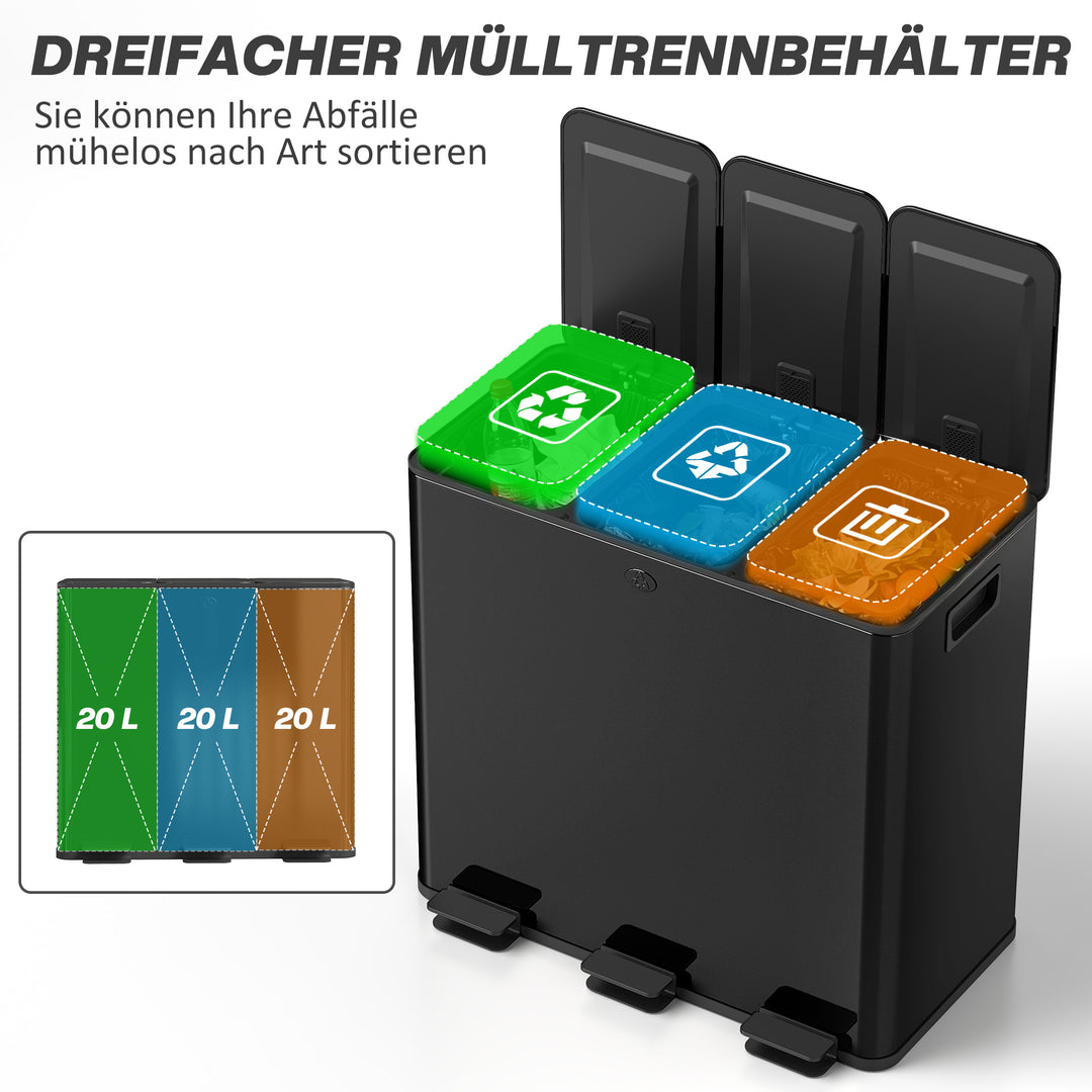 Skraldespand med 3 x 20 L rum, deodorantlåg, fingeraftrykssikker, softclose, aftagelig, sort