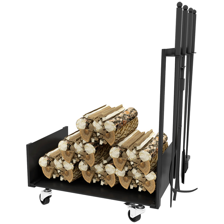 Brændehylde med hjul, meget tilbehør, metalramme, op til 60 kg, 48 x 30 x 76 cm, sort