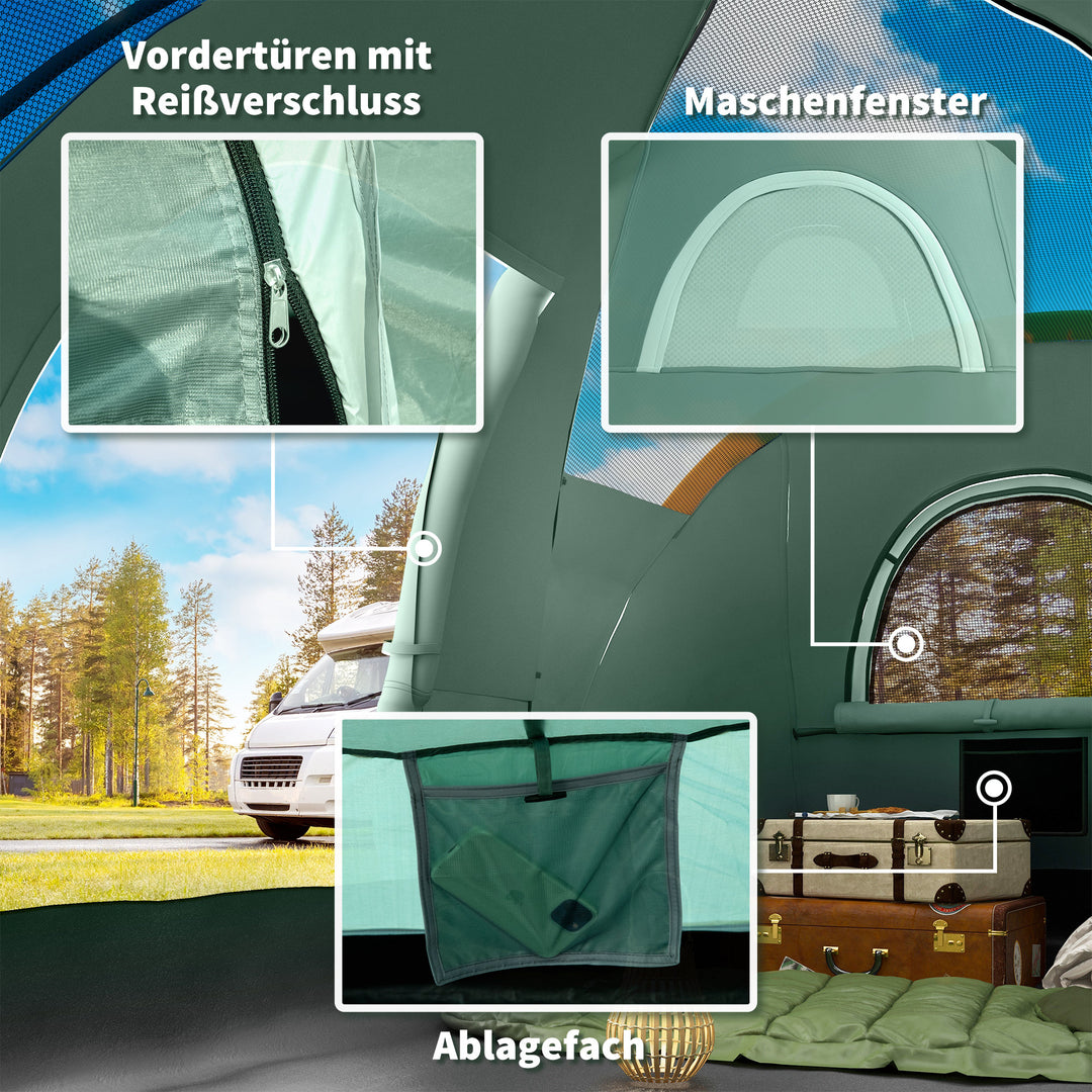 Campingtelt til 5-6 personer, familietelt, lampekroge, sidelommer, 4,55x2,3x1,8m, grøn/sort