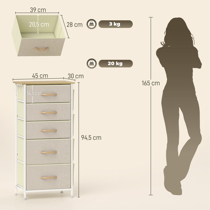 Kommode med 5 skuffer i fiberdug med kroge, beige