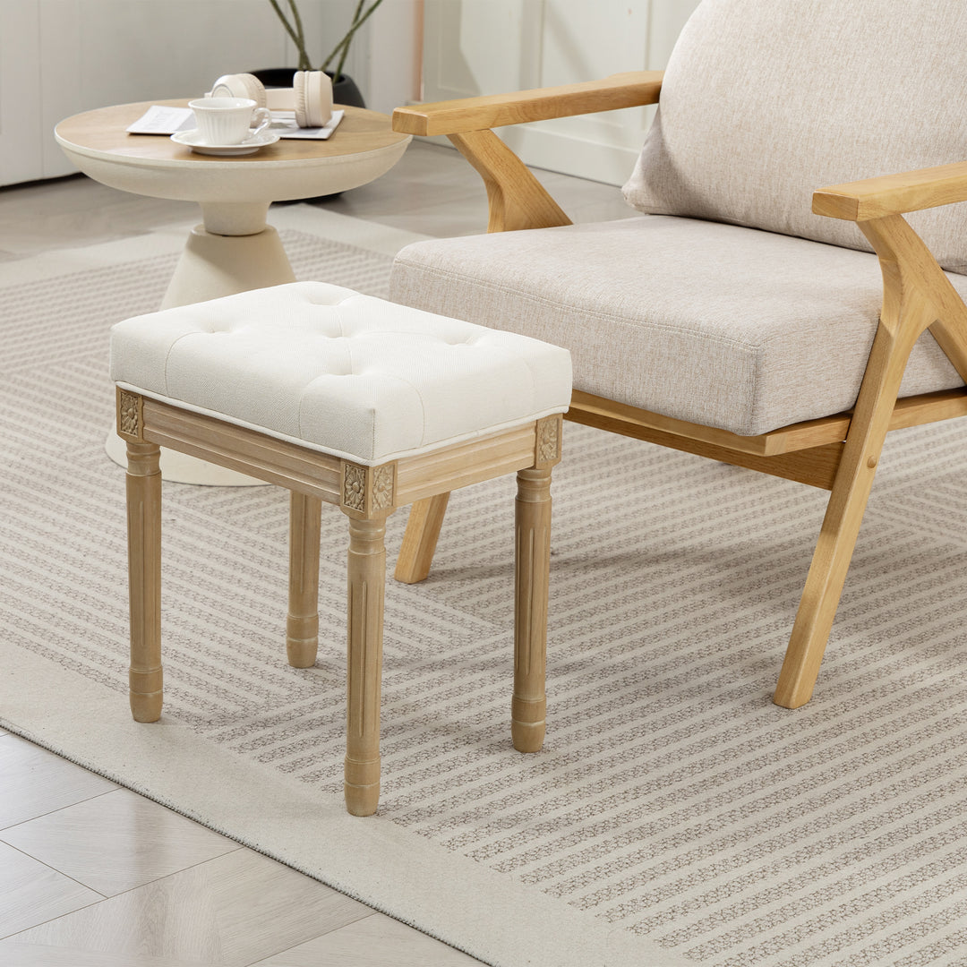 Hørskammel, polstret bænk, fodskammel med polstret sæde, træben, 42 x 32 x 46,5 cm, beige