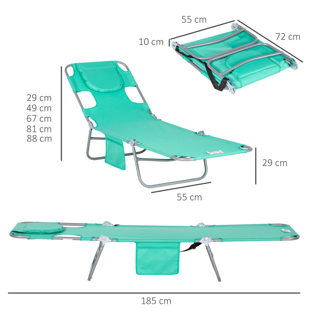 Havestol, liggestol med polstret ansigtsåbning, udendørs massagebord, sidelomme, stof, metal, grøn