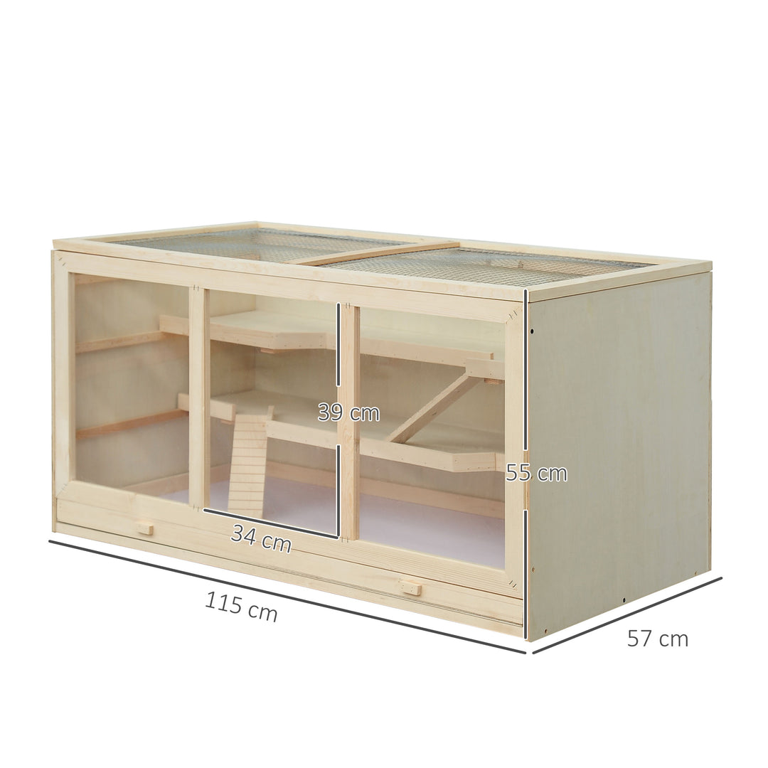 Hamsterbur af træ, 3 niveauer, gnaverbur med rengøringsbar hylde, smådyrsbur med foldelåg, trappe, træbur, bur til hamstere, dværghamstere, 115 x 57 x 55 cm, naturtræ