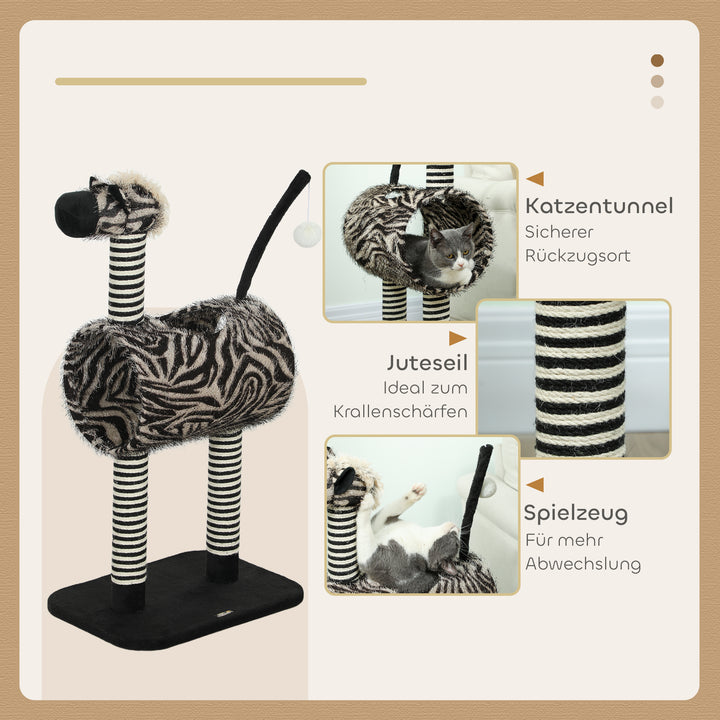 Zebra-design kradsetræ med 1 kattetunnel og 3 kradsetræer, 48,5 cm x 35 cm x 93 cm, sort + hvid