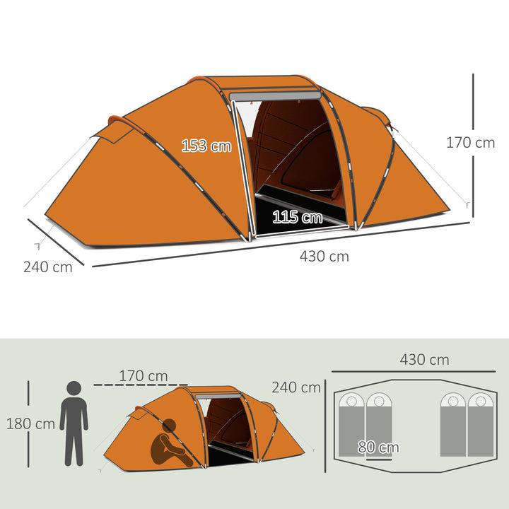 Tunneltelt til 4-6 personer, campingtelt med dør, bund, 2000 mm vandtæt, orange