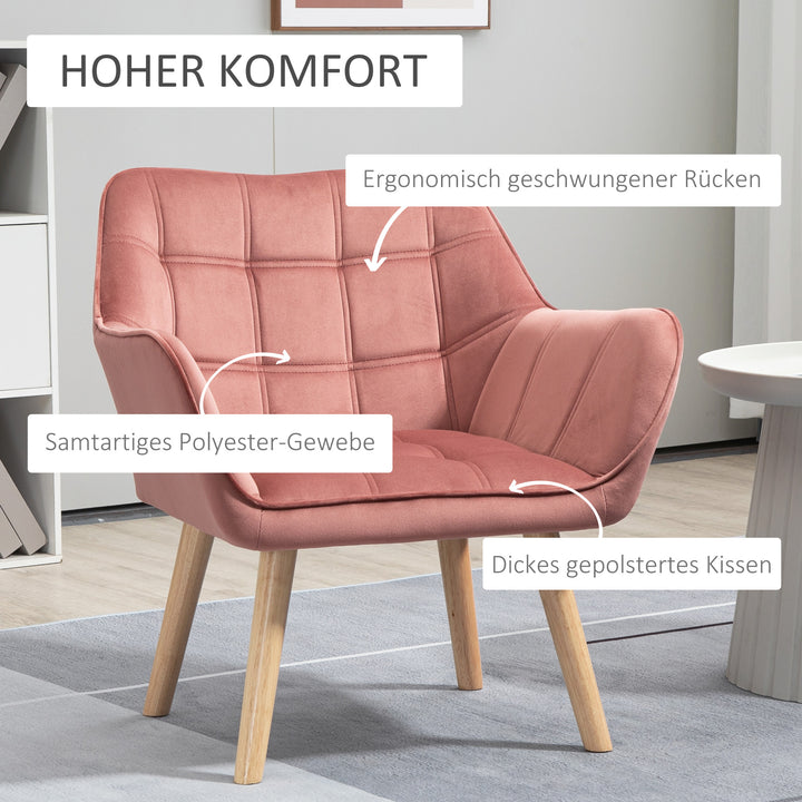Polstret lænestol, accentstol, skandinavisk design, fløjlslook, op til 120 kg, ben i gummitræ, pink