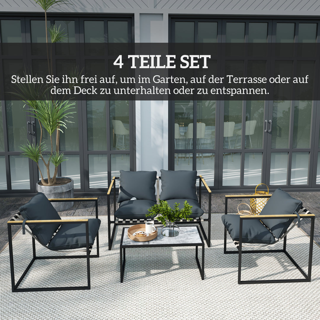 4-Delt havemøbelsæt, udendørsmøbelsæt, 2 lænestole, 2-personers sofa, 1 bord, polstret, stål, polyester, grå