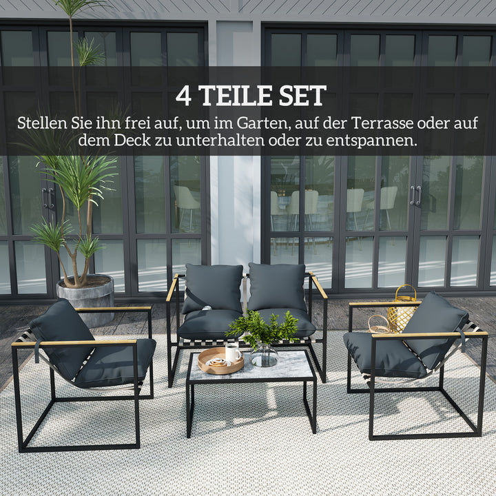 4-Delt havemøbelsæt, udendørsmøbelsæt, 2 lænestole, 2-personers sofa, 1 bord, polstret, stål, polyester, grå