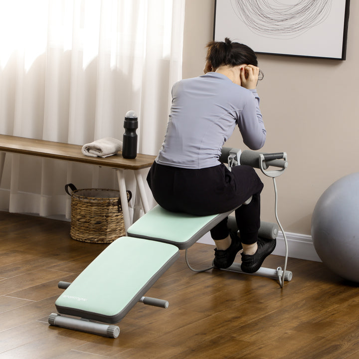 Træningsbænk, mavetræner, højdejusterbar, foldbar, 2 elastikker, stål, grøn, 51 x 137 x 50-66 cm