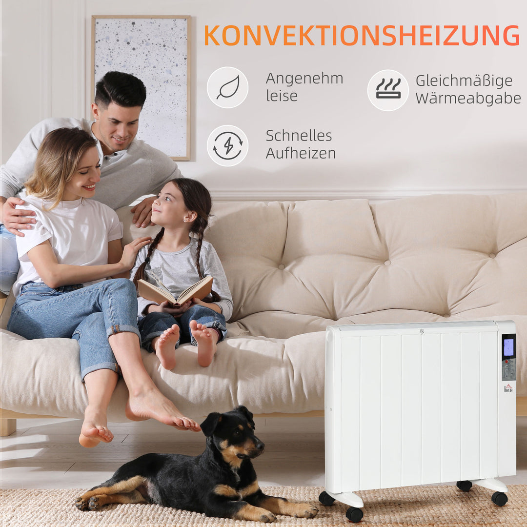 Elektrisk varmelegeme med hjul, 9 forudinstallerede tilstande, vægmonterbar, 5-35°c, hvid, 75 x 7,5 x 58,5 cm