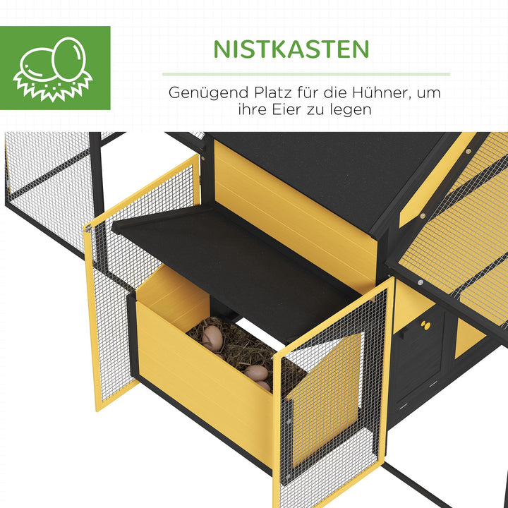 Hønsehus til smådyr 2 udendørs indhegninger, 1 redekasse, 2 ramper, asfalttag, vejrbestandig, gul