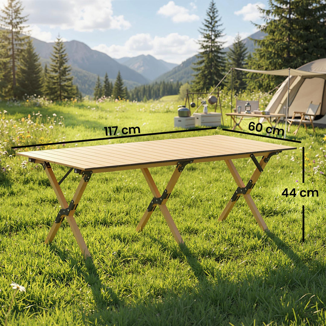 Campingbord 117 x 60 cm, klapbord i aluminium med oprullelig bordplade, trælook, vandtæt bæretaske
