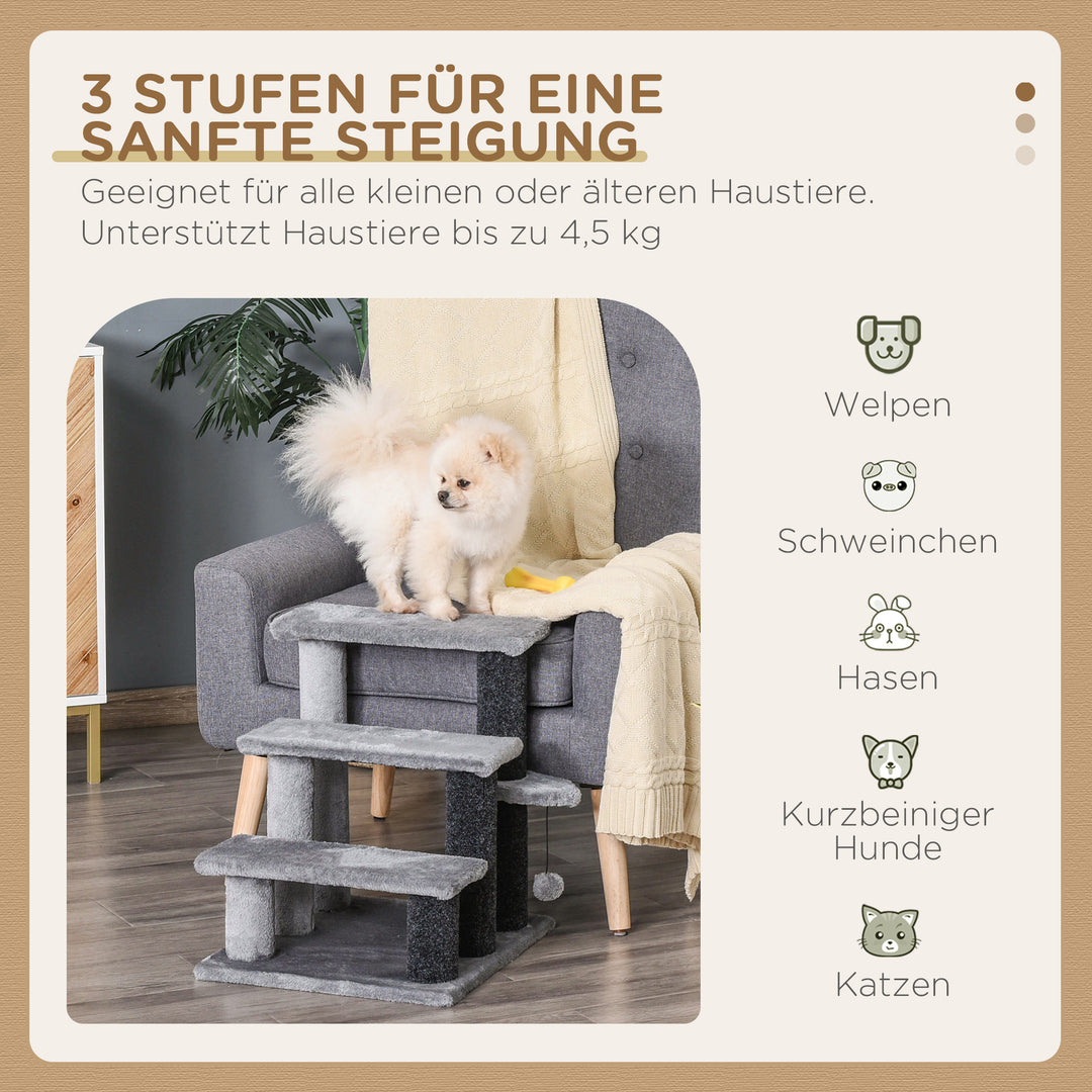 Kattetrappe 3-trins kæledyrstrappe med kradsetræer bold hundetrappe kæledyrstrappe til katte op til 5 kg plys jute grå 45 x 40 x 48 cm