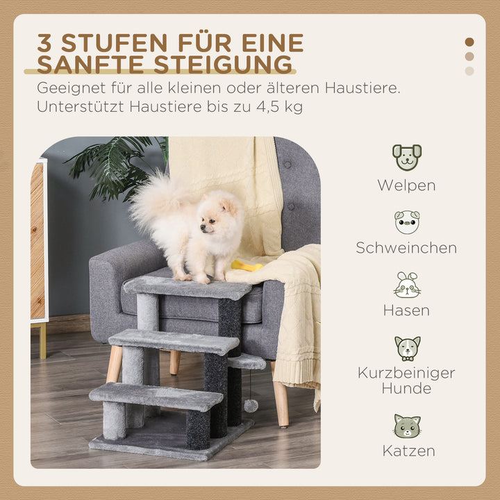 Kattetrappe 3-trins kæledyrstrappe med kradsetræer bold hundetrappe kæledyrstrappe til katte op til 5 kg plys jute grå 45 x 40 x 48 cm