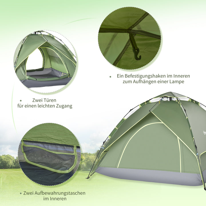 Dobbelttelt, campingtelt, udendørstelt, familietelt, hurtigopsætningstelt, 2 voksne + 1 barn, 4 sæsoner, vandtæt, bæretaske, 2 døre, polyester + glasfiber, mørkegrøn, 210 x 210 x 140 cm