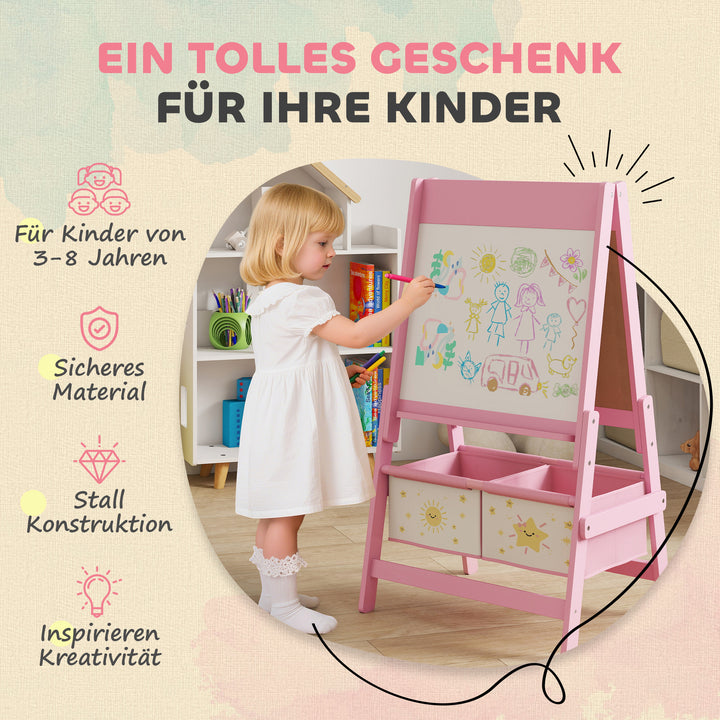 Børnestaffeli 3 i 1 børnetavle med tavle, whiteboard, papirrulle, 2 opbevaringskasser, til 3-8 år, lyserød