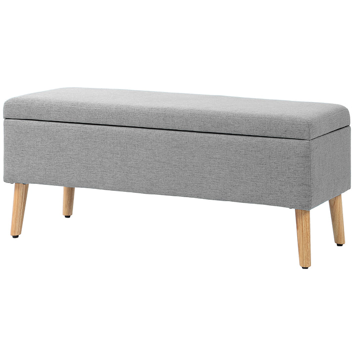Polstret bænk med opbevaring, betræk i hørlook, ben i gummitræ, op til 220 kg, 110 x 39 x 45 cm, grå