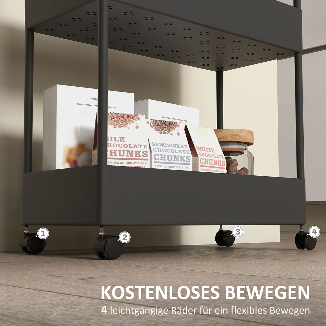 Køkkenvogn med 4 hylder, 4 fleksible kroge, 4 hjul, 40 cm x 19 cm x 90 cm, nichevogn, sort