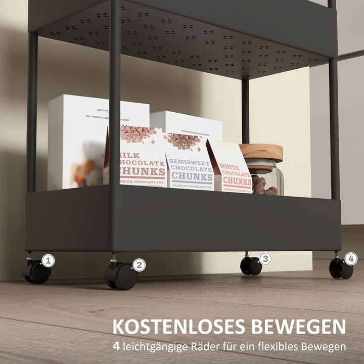 Køkkenvogn med 4 hylder, 4 fleksible kroge, 4 hjul, 40 cm x 19 cm x 90 cm, nichevogn, sort