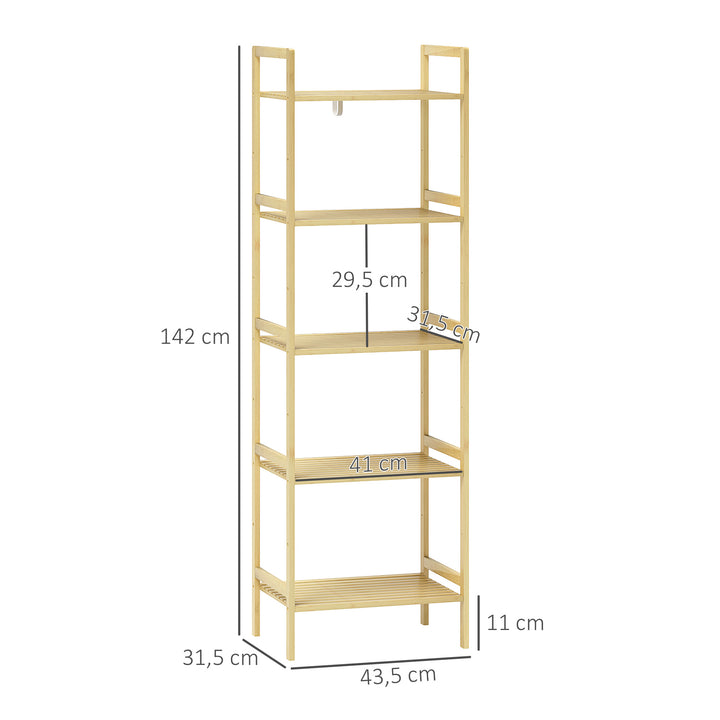 Badeværelseshylde i bambus med 5 niveauer, opbevaringsstativ med justerbare hylder, 43,5 x 31,5 x 142 cm, naturtræ