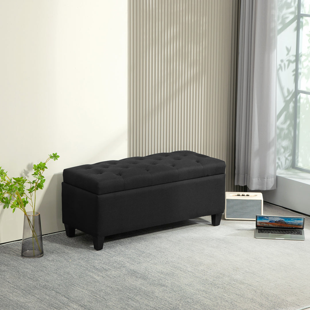 Opbevaringsbænk, kommodebænk, hørlignende polyester, gummitræ, sort, 100 x 40 x 44 cm