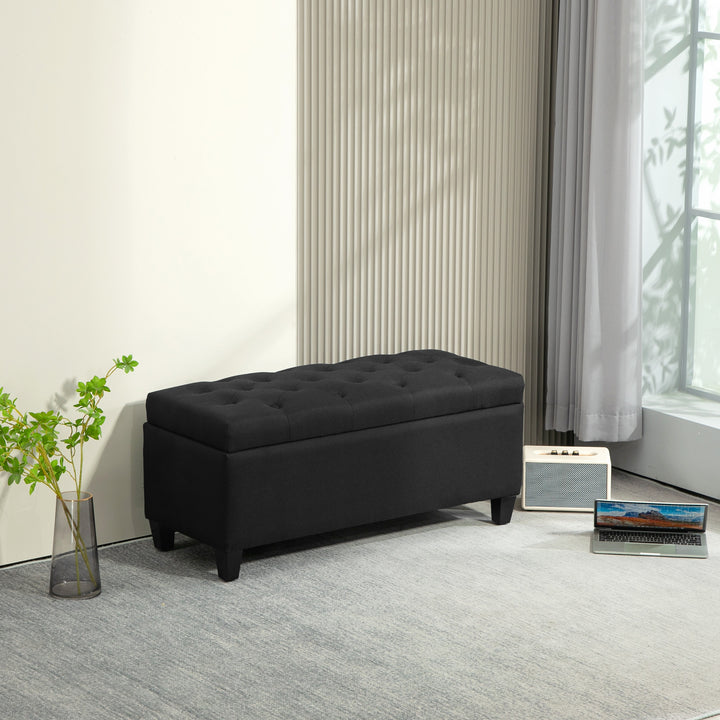 Opbevaringsbænk, kommodebænk, hørlignende polyester, gummitræ, sort, 100 x 40 x 44 cm