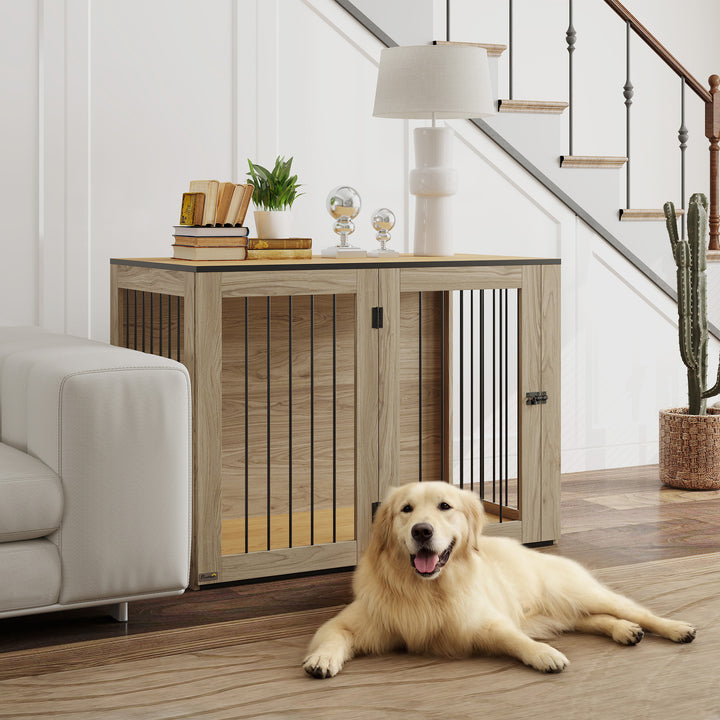Hundebur, kæledyrsbur til store hunde, indendørs hundehus, 106 x 60 x 76 cm, eg