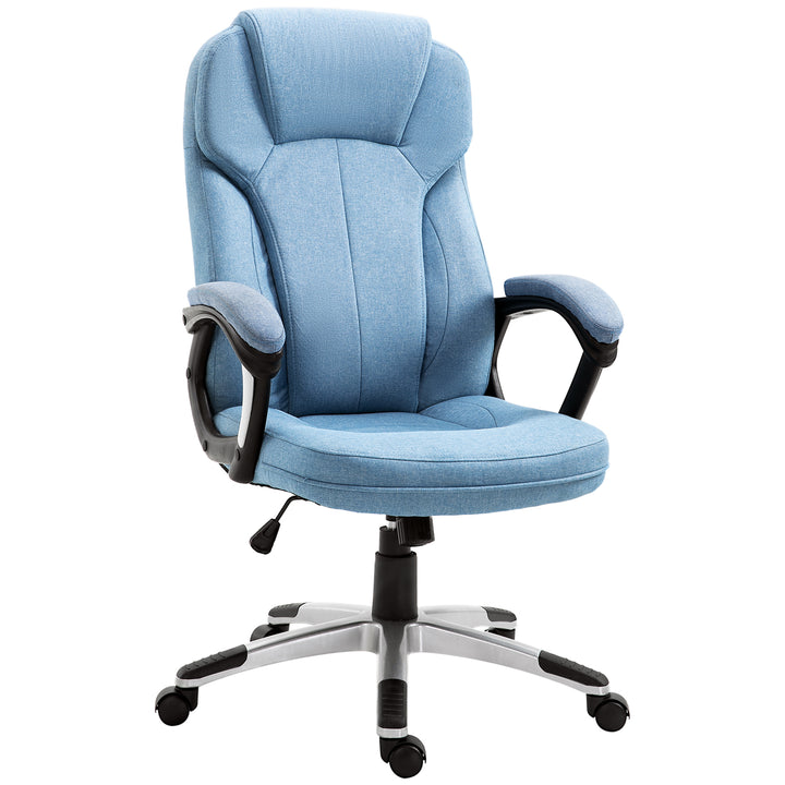 Kontorstol, computerstol, drejestol, højdejusterbar, vippefunktion med nakkestøtte og polstrede armlæn, ergonomisk, lyseblåt hør, 66 x 75 x 110-120 cm